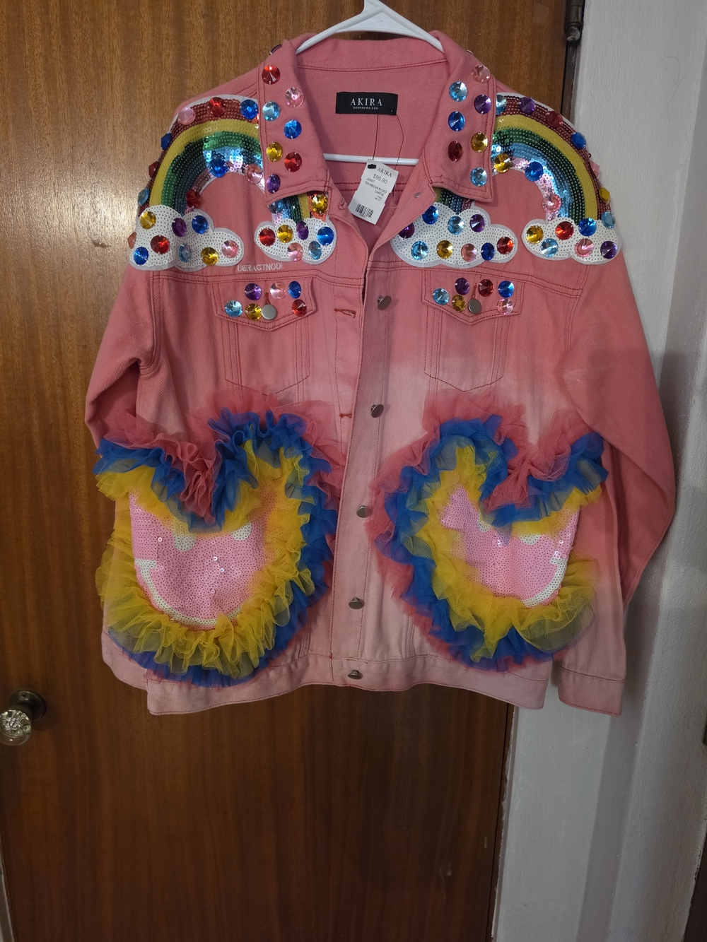 AKIRA Pink Denim Jacket with Rainbow Sequin & Ruffle Pockets